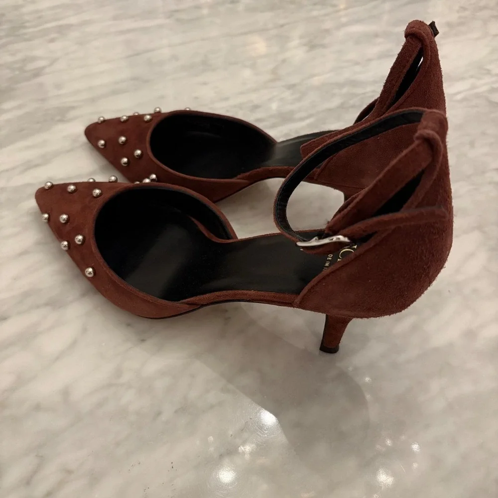 J. Crew Colette Burgundy‎ Italian Suede Studded Slingback Heels Size 10M NWT